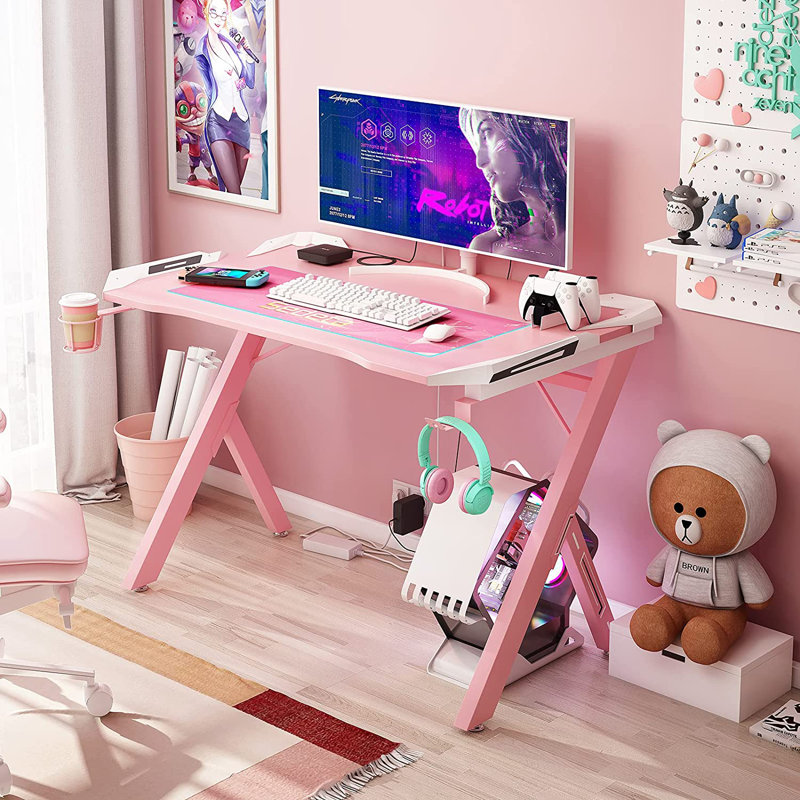 Inbox Zero Girls RShaped Computer Gaming Desk W/ Rotatable Cup Holder